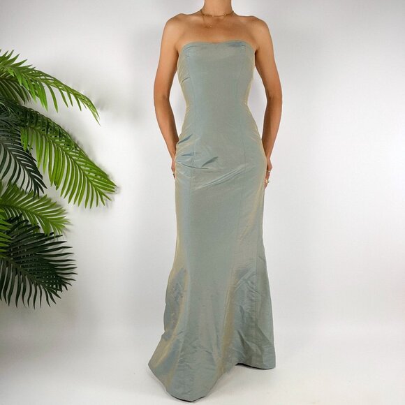 Vintage 90s Bebe Grunge Gray iridescent Vampy Goth Strapless Maxi Prom Dress /2 - Picture 1 of 6